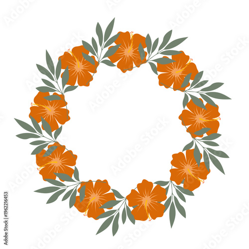 Floral frame with orange hibiscus flowers and tropical foliage. Exotic botanical wreath