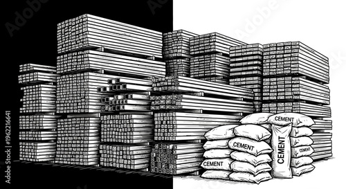 Stacks of metal sheets and cement bags.