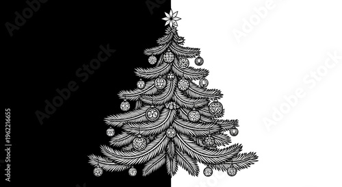 A black and white Christmas tree illustration.