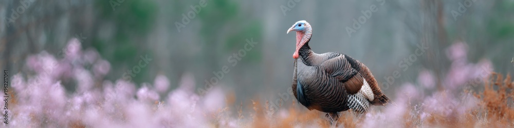 Obraz premium Turkey standing in woods among pink flowers and soft morning mist showing adult male gobbler plumage and graceful posture in serene woodland scene