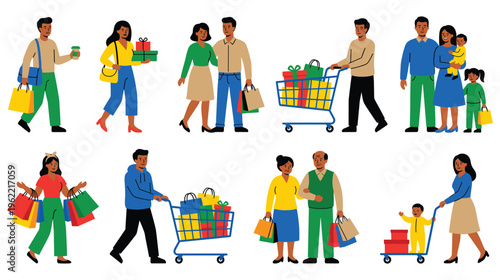Diverse people shopping with bags and carts in colorful illustration set.