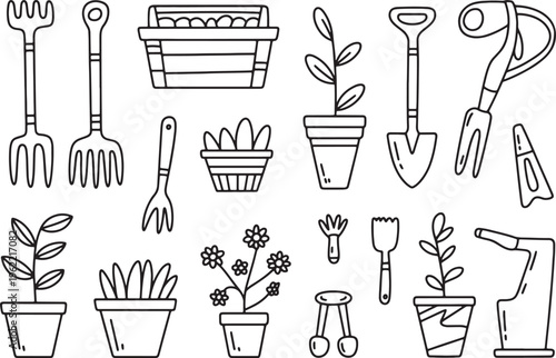 Gardening tools and plants in pots with flowers illustration vector set line art