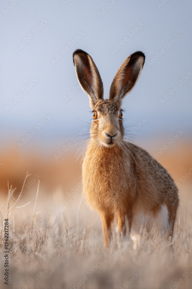 Obraz premium Brown hare standing in dry grass at sunrise with large upright ears and curious gaze, warm tones and detailed whiskers in open field