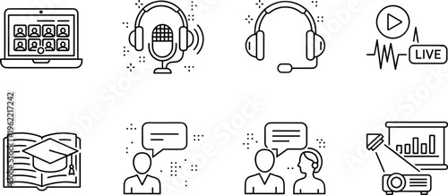 Set of Online Education and Communication Icons Including Laptop, Headset, Microphone, and Presentation Tools for Learning and Virtual Communication
