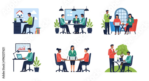 Modern Work Life Concepts: Remote Work, Office Meetings, Business Collaboration, Data Analytics & Flexible Workplace Illustrations