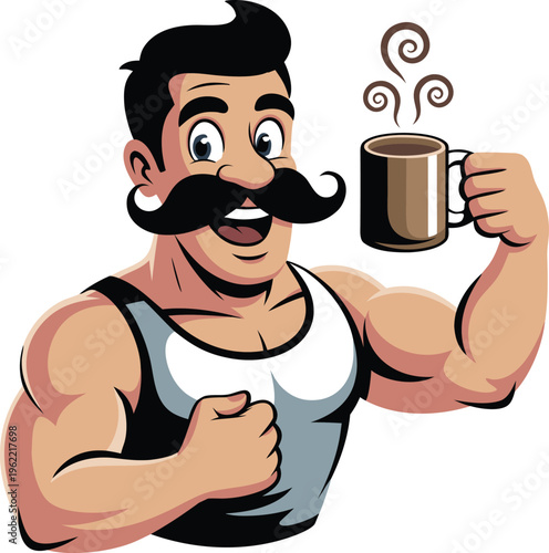 Strong Muscular Man with Mustache Holding Coffee Mug Cartoon Character Vector 