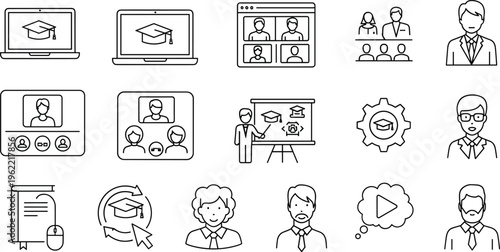 Set of Online Learning and Education Icons Including Video Classes, Virtual Classroom, Graduation, and Teaching Tools for E-Learning and Remote Education