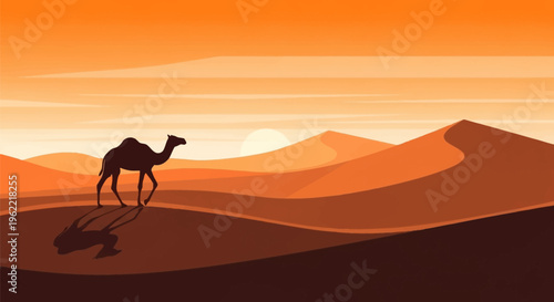 Majestic camel silhouette traversing vast desert dunes at sunset.