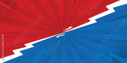 Versus comic frame. Comic book versus background, diagonal red blue split with white lightning divider. Pop art halftone backdrop with radial burst rays.