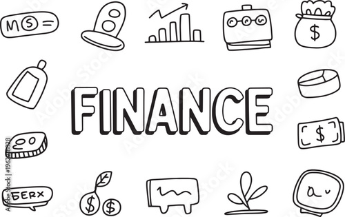 Financial icons money growth graph coin bag and business concept sketch elements. Vector illustration