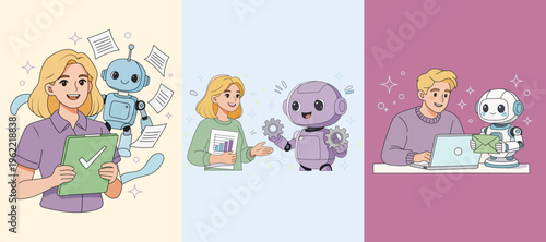 Colorful illustration of robots and people working together with technology