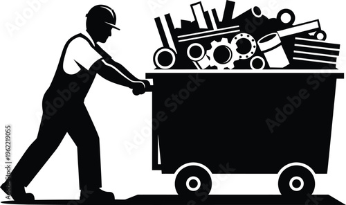 Vector silhouette of a man pushing a wheelbarrow filled with industrial tools and machinery parts