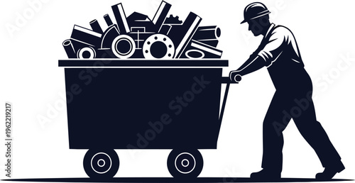 Vector silhouette of a worker pushing a cart filled with industrial tools and equipment