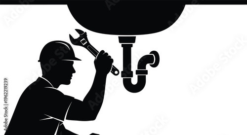 Vector silhouette of plumber fixing sink with wrench underneath