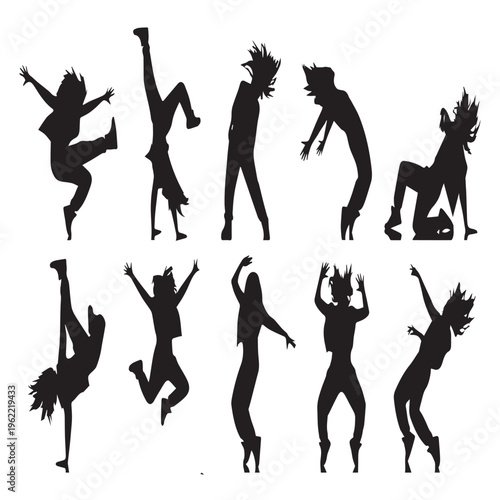 Multiple dynamic hip hop dance silhouettes in varied freeze and action poses