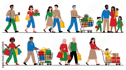 Diverse people shopping with bags and carts in modern illustration set.