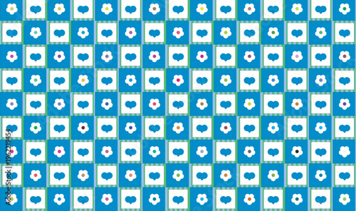 Blue and green floral checkered pattern with transparent background