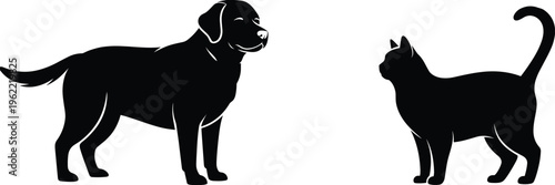 Dog and cat silhouettes facing each other, domestic pet animals illustration, black vector design of canine and feline, companionship concept isolated on white background