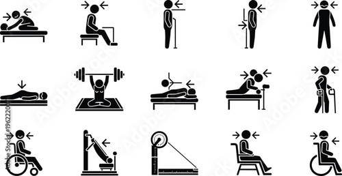 Physiotherapy rehabilitation icons set with patient exercises and therapy treatments, medical recovery concept for healthcare clinic and physical therapy design