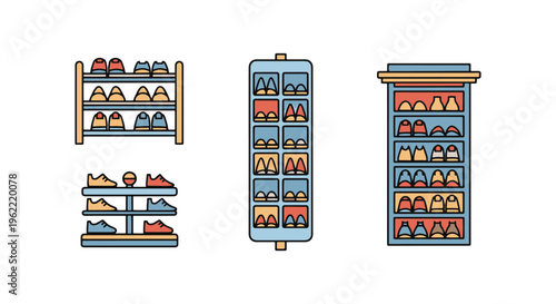 Shoe Rack Line art vector set modern abstract color design