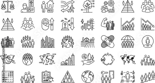 Demographics and Social Statistics Line Icon Set with Population Growth, Migration, Inequality, Workforce Data, Family Structure and Global Society Outline Vector Collection