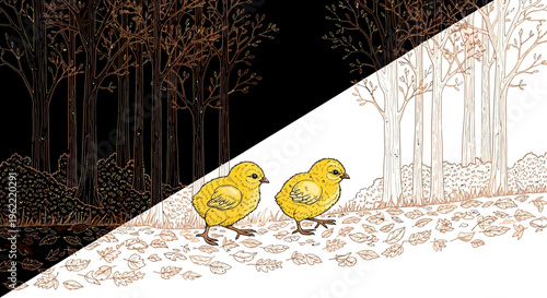 Two yellow chicks standing on leaves.