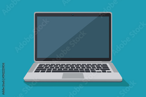 "A professional, high-resolution flat vector illustration of a modern laptop computer, presented from a front-facing perspective with the screen open. The design features a sleek grey chassis, a dark 