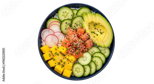 Delicious salmon poke bowl with mixed vegetables and rice isolated on transparent background