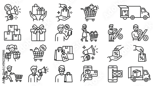 Shopping icons set for online sale and discounts promotion.