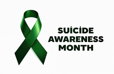 Green ribbon for suicide awareness month campaign. Text reads Suicide Awareness Month. Symbol for mental health help, prevention and support. Hope for healing.
