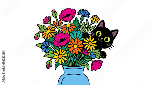Black cat peeking from colorful flowers.