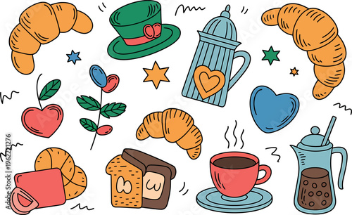 Doodle style food and drink elements such as croissants, toast, coffee cup, and teapot. Vector illustration