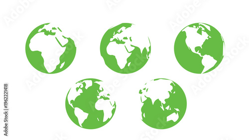 Minimalist globe icon set, eco-friendly bright green color, white continent silhouettes, clean white background, vector style, flat design, high resolution.