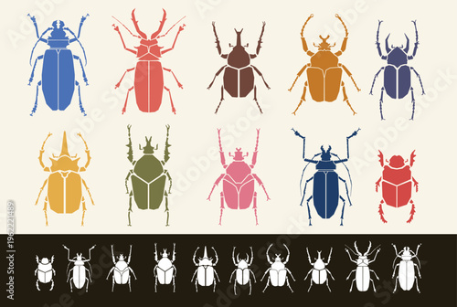Beetle insect polygonal silhouette logo vector colored set. Vector clip art symbols and stickers with ink style outlines. Editable design elements for branding, labels, prints and graphic projects.
