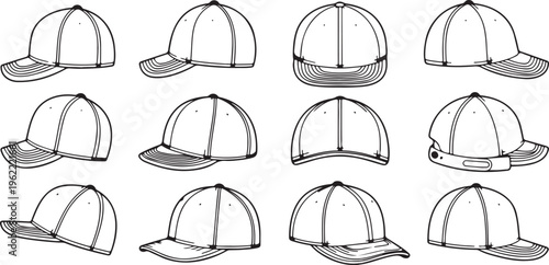 Set Of Baseball And Working Peaked Caps Isolated On White Background Mockup Collection Hat Headwear Vector Illustration