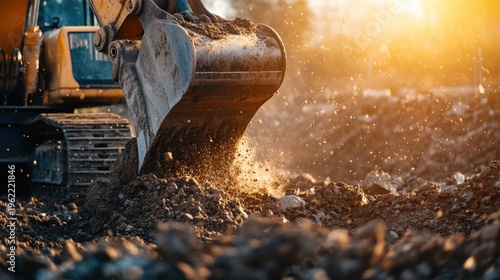 Excavator digging soil on a construction site close up