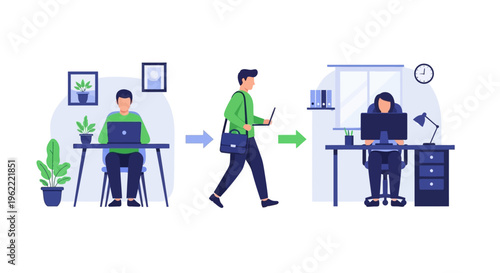 Work From Home to Office Transition Illustration: Hybrid Work Model, Employee Journey, and Flexible Workplace Concept