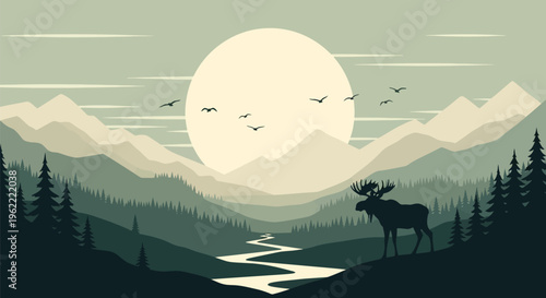 Majestic moose stands by winding river in serene wilderness.