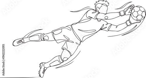 Continuous line soccer goalkeeper, diving football player vector, minimalist sports art