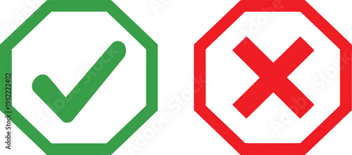 Green checkmark and red cross symbols within octagonal borders for approval and rejection Vector