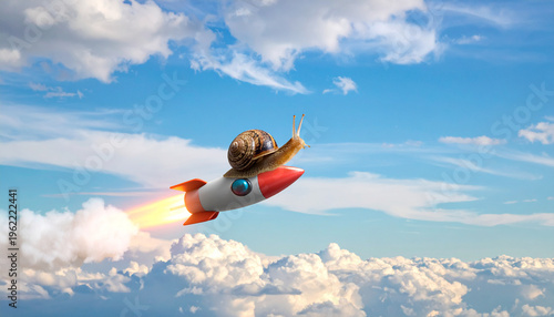 Whimsical and surreal concept of speed and ambition featuring a small snail riding on a fast-moving rocket representing personal growth breaking limits and unconventional success