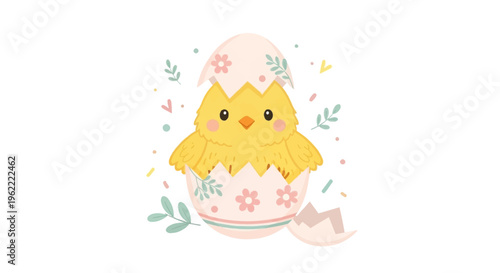 Cute yellow chick hatches from decorated eggshell surrounded by colorful flowers and leaves on white background