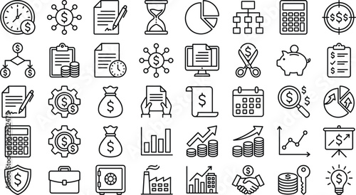 Finance and Accounting Line Icon Set with Budget Planning, Investment Growth, Financial Reports, Banking Security, Money Management, Analytics Charts, and Business Strategy Symbols for UI Design
