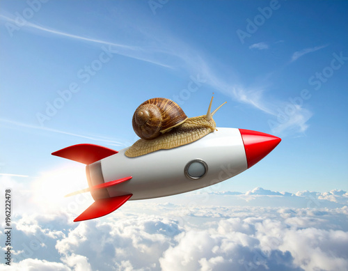 Whimsical and surreal concept of speed and ambition featuring a small snail riding on a fast-moving rocket representing personal growth breaking limits and unconventional success