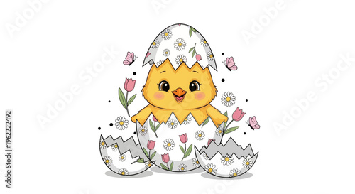 A cute cartoon chick hatches from an eggshell surrounded by colorful flowers and petals in a spring design illustration
