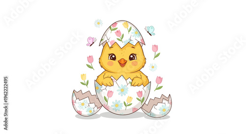 A cute cartoon chick emerges from a decorated eggshell surrounded by colorful flowers and springtime elements in a cheerful Easter design