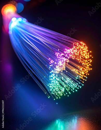 High-speed internet connectivity concept featuring a macro close-up of fiber optic cables emitting vibrant multicolored lights representing rapid data transmission and global communication
