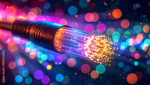 High-speed internet connectivity concept featuring a macro close-up of fiber optic cables emitting vibrant multicolored lights representing rapid data transmission and global communication