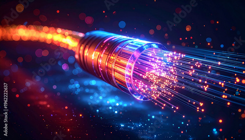High-speed internet connectivity concept featuring a macro close-up of fiber optic cables emitting vibrant multicolored lights representing rapid data transmission and global communication