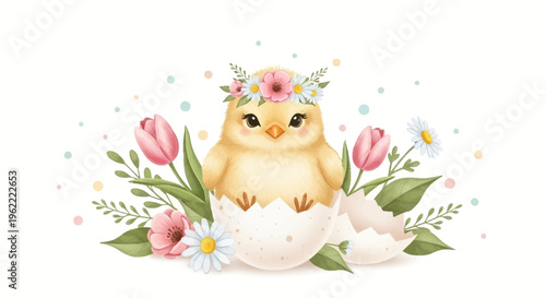A cute yellow chick wearing a floral crown sits amidst colorful flowers and eggshell pieces in a spring-themed illustration with a joyful mood